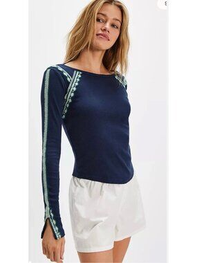 Free People size Medium Lost Love teal blue long-sleeve top women's